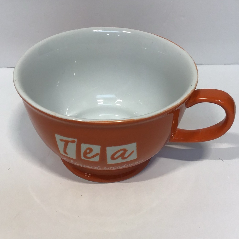 3 Pier 1 Orange Stoneware Teacup “TEA IS LIQUID WISDOM” 12oz